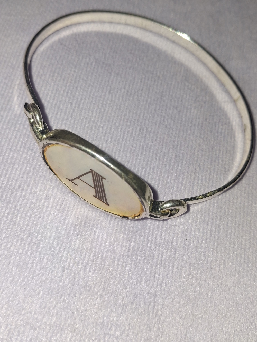 Silver Tone Initial A Mother of Pearl Oval Bangle Bracelet Monogram